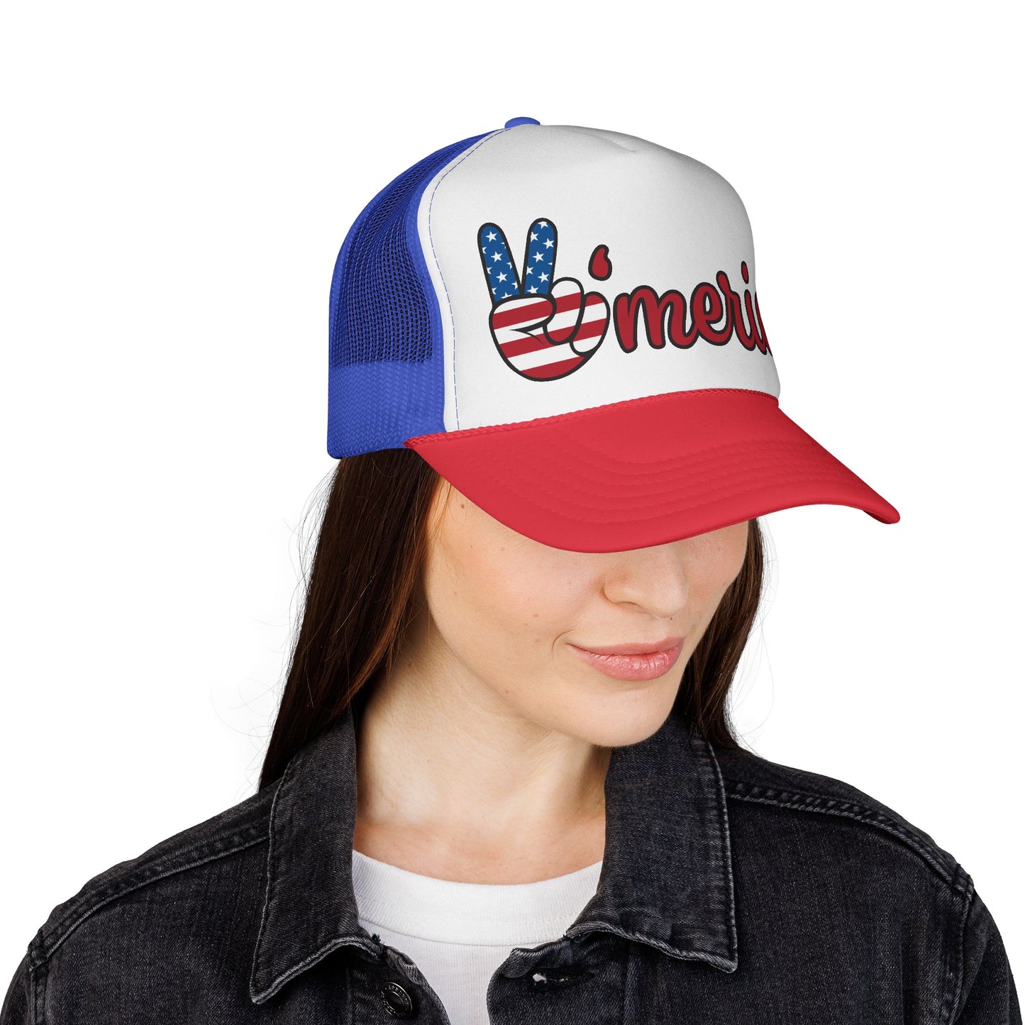 Patriotic Trucker Cap with 'v'merica Design, USA Hat, American Flag Cap, Fourth of July Gift, Summer Outdoors Accessory